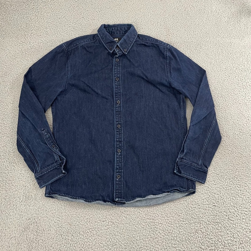 H&M Denim Shirt Men M Blue Dark Wash Long Sleeve Button Down